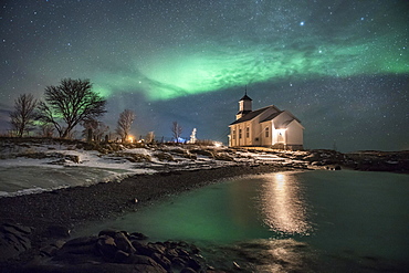 Northern lights over church of Gimsoy, Gimsoykirke, Gimsoy, Lofoten, Norway, Europe