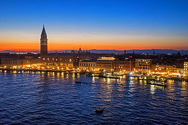 View from San Marco Basin, Bacino di San Marco, sunset, Piazza San Marco with Campanile and Doge's Palace, Palazzo Ducale, Venice, Italy, Europe