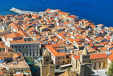 View of the town from La Rocca, Cefalu, Sicily, Italy, Europe