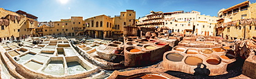 Cymbals with paint, dyeing, tannery Tannerie Chouara, tanner and dyer quarter, Fes el Bali, Fes, Kingdom of Morocco, Africa