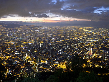 City centre at dusk, view from Cerro Monserrate, Bogotá, Colombia, South America