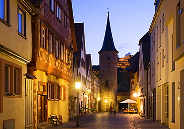 Tower at Maintor and Karlsburg castle, evening, Karlstadt, Lower Franconia, Franconia, Bavaria, Germany, Europe