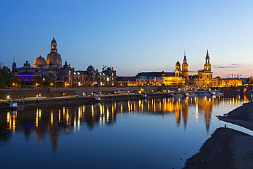 Cityscape with river Elbe and Dresden Cathedral, Dresden, Saxony, Germany, Europe