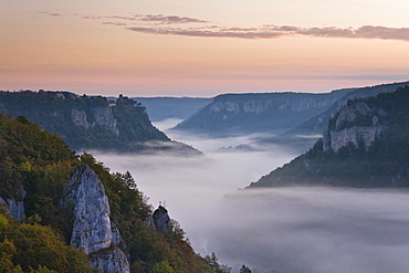 Werenwag Castle above the fog in the morning, Upper Danube Valley, Beuron, Baden-Wurttemberg, Germany, Europe