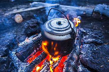 Boiling water pot over an open fire, Kamchatka, Russia, Europe