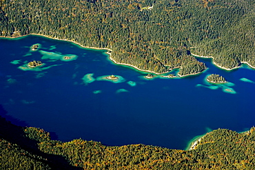 View of Eibsee Lake and Eibsee-Hotel from Zugspitze, Grainau, Werdenfelser Land, Upper Bavaria, Bavaria, Germany, Europe