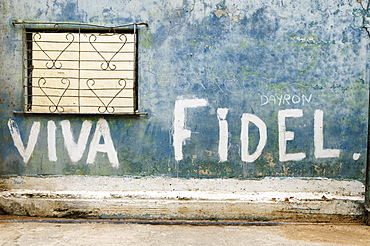 ""Viva Fidel"" lettering on a wall, historic centre, La Habana Vieja, Havana, Ciudad de La Habana, Cuba, Central America