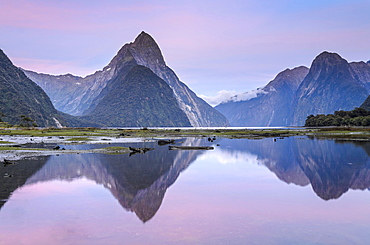 Mitre Peak at dawn, Fiordland National Park, Milford Sound, South Island, New Zealand, Oceania