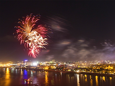 Fireworks over Tonlé Sap and Mekong, city view, Phnom Penh, Cambodia, Asia