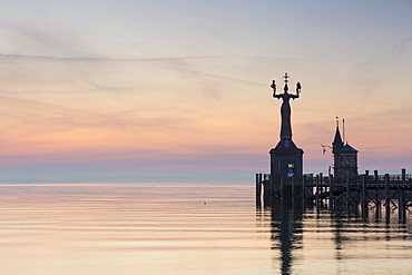 Statue of Imperia at the entrance of the harbour of Konstanz at dawn, historic centre, Konstanz, Baden-Wurttemberg, Germany, Europe