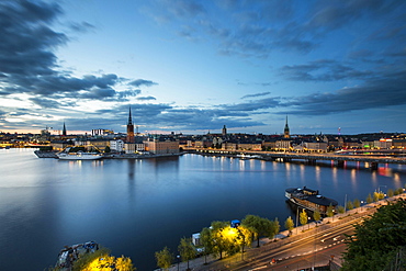 Riddarholmen island at dusk, view from Monteliusvägen, Stockholm, Stockholm County, Sweden, Europe