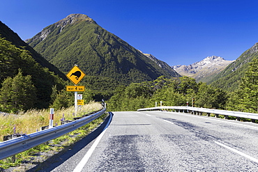 Warning sign, "Kiwis next 4km" at Greyneys Creek, looking towards Mt. O'Malley, 1703m, and Mt. Oates, 2041m, Canterbury Region, New Zealand, Oceania