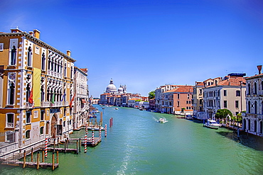 View from Ponte dell'Accademia, Palazzi Barbaro left, Church of Santa Maria della Salute at the back, Grand Canal, Venice, Veneto, Italy, Europe