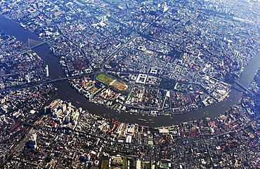 Aerial view of city centre, historic centre and Chao Phraya River, Bangkok Yai District and Bangkok Noi District, Bangkok, Thailand, Asia