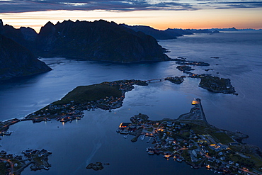 View from Reinebringen, Reinebriggen, 442m, midnight sun, towards Hamnoy, Reine and Reinefjord with mountains, Moskenes, Moskenesøy, Lofoten, Norway, Europe