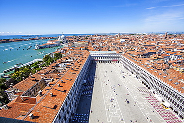 View from St Mark's Campanile in St Mark's Square, Piazza San Marco, Grand Canal left, Venice, Veneto, Italy, Europe