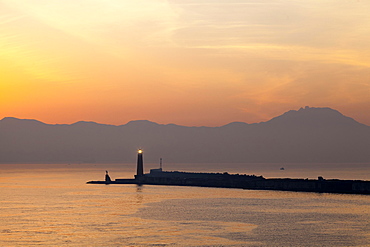 Molo San Vincenzo, harbor entrance at sunrise, Naples, Campania, Italy, Europe