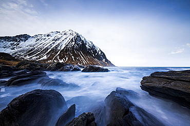 Surf on rocky coast near Myrland, Flakstadoya, Lofoten, Norway, Europe