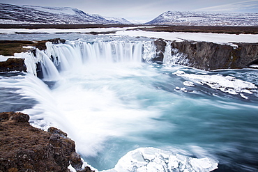 Godafoss in winter, Fossholl, Southern Region, Iceland, Europe