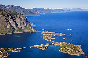 View from Reinebringen, Reinebriggen, 442m, view towards Hamnoy and Reinefjord with mountains, Moskenes, Moskenesøy, Lofoten, Norway, Europe