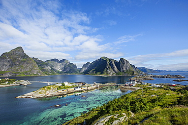 Panoramic view from Olenilsoya to Reinefjord, Moskenesøy, Lofoten, Norway, Europe