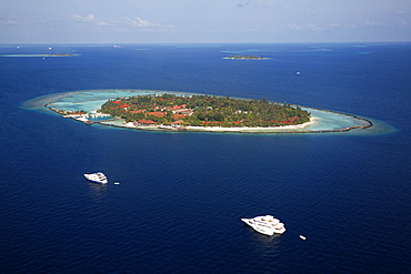 Aerial view, an island of the Maldives with a coral reef, Indian Ocean, atoll, Maldives, Asia