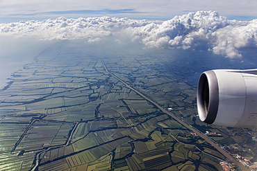 Aerial view, landing at Suvarnabhumi airport, rice paddies at Samuth Prakan, Samut Prakan, view from the aircraft, Bangkok, Thailand, Asia