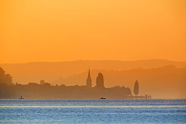 View from the island Reichenau over Lake Constance at sunset, Berlingen, Fährenhorn, Reichenau, Baden-Württemberg, Germany, Europe