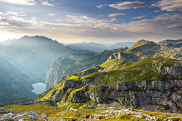 View on the lake Obersee, above the Hagen mountains, left the Watzmann, Berchtesgaden Alps, Schonau am Konigsee, Berchtesgaden National Park, Berchtesgadener Land, Bavaria, Germany, Europe