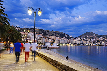 Dusk on the seafront, Saranda, Sarandë, Qark Vlora, Ionian Sea, Albania, Europe