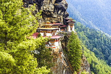 Buddhist tiger nest monastery Taktshang on steep rock face, Tiger's Nest, Paro District, Himalayas, Kingdom of Bhutan