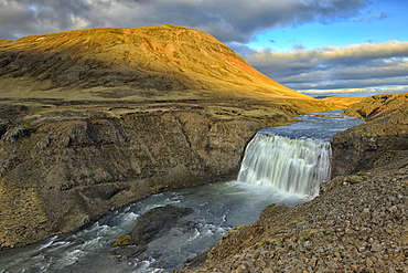 Pörnfoss Waterfall, evening light, Iceland, Europe