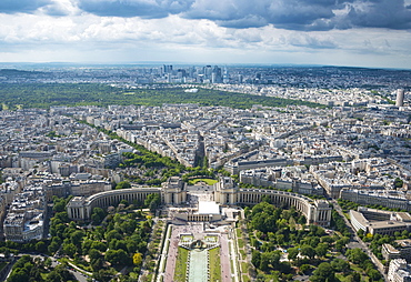 Cityscape, view from the Eiffel Tower over the Seine and the Jardin de Trocadero, Place du Trocadero et du 11 Novembre, La Defense district behind, Ile-de-France, France, Europe