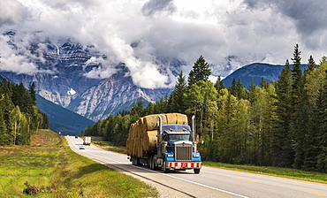 Truck loaded with straw bales on the Yellowhead Highway, behind it Mount Robson, partly covered by clouds, Mount Robson Provincial Park, British Columbia, Canada, North America