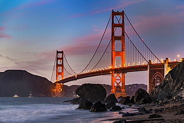 Golden Gate Bridge, Marshall's beach, night, rocky coast, San Francisco, USA, North America