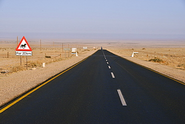 Road through the desert with a warning sign Attention horses, near Aus, Karas Region, Namib, Namibia, Africa