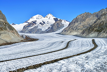 Great Aletsch Glacier, the mountains Eiger, Monch and Jungfrau at the back, Canton of Valais, Goms, Switzerland, Europe