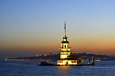 Maiden's Tower in the Bosporus, left the Blue Mosque and Hagia Sophia; from Uskudar, Istanbul, Turkey, Asia