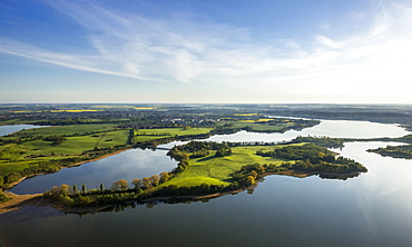 Aerial view, Gutower Moor and Schoninsel island near Gustrow, Muhl Rosin, Mecklenburg Lake District, Mecklenburg-Western Pomerania, Germany, Europe