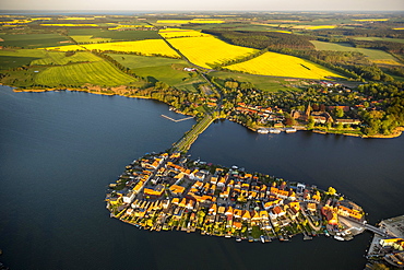 Aerial view, Malchow with Malchower See lake and the island with the historic centre and its old market square, Malchow, Mecklenburg Lake District, Mecklenburg-Western Pomerania, Germany, Europe