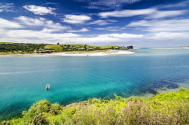 Boat in the bay of Taieri, Otago Region, South Island, New Zealand, Oceania