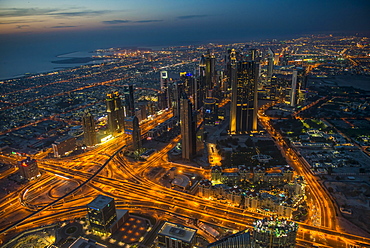 View from Burj Khalifa at night, Dubai, Emirate of Dubai, United Arab Emirates, Asia