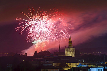 Cathedral of Our Lady with fireworks during the Seenachtfest Festival, Konstanz, Baden-Wurttemberg, Germany, Europe