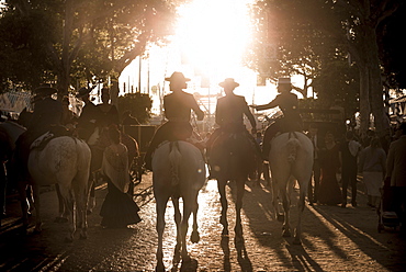 Rider on horses with traditional clothes, back light, Feria de Abril, Seville, Andalucia, Spain, Europe