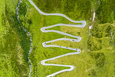 Aerial view, curvy mountain pass road Splugenpass, Canton Grisons, Switzerland, Europe