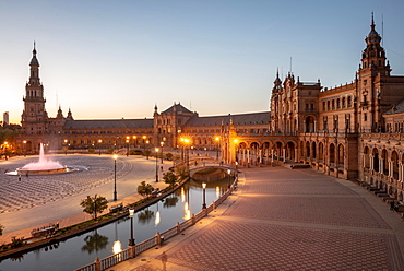 Plaza de Espana at dusk, Sevilla, Spain, Europe