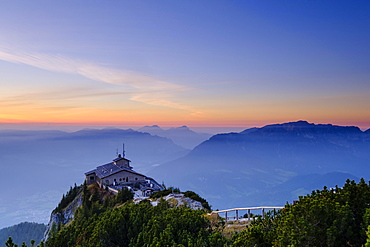 Kehlsteinhaus am Kehlstein, Untersberg at the back, sunset, Berchtesgaden Alps, Berchtesgaden National Park, Schonau am Konigsee, Upper Bavaria, Beyern, Germany, Europe