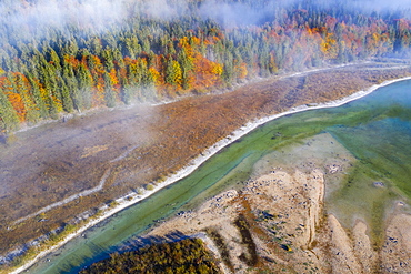 Isar, at the inflow into the Sylvenstein lake, Sylvenstein reservoir, drone image, Lenggries, Isarwinkel, Upper Bavaria, Bavaria, Germany, Europe