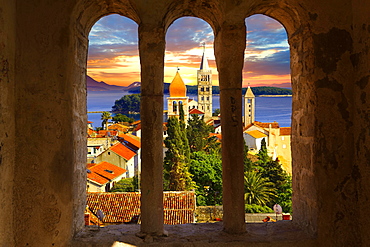 View from St John Church tower over the medieval roof tops of Rab town, Rab Island, Primorje-Gorski Kotar County, Croatia, Europe