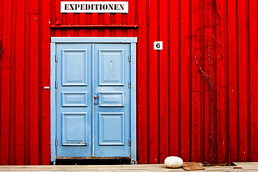 Entrance to a tour operator's office for expeditions, near Henningsvaer, Lofoten, Norway, Europe